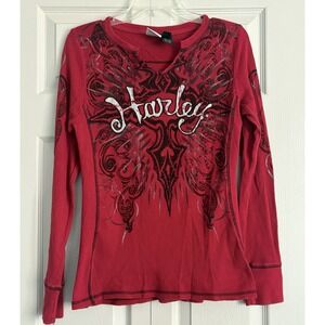 Harley Davidson‎ Women's Knit Henley Red Long Sleeve Embroidered Size Medium
